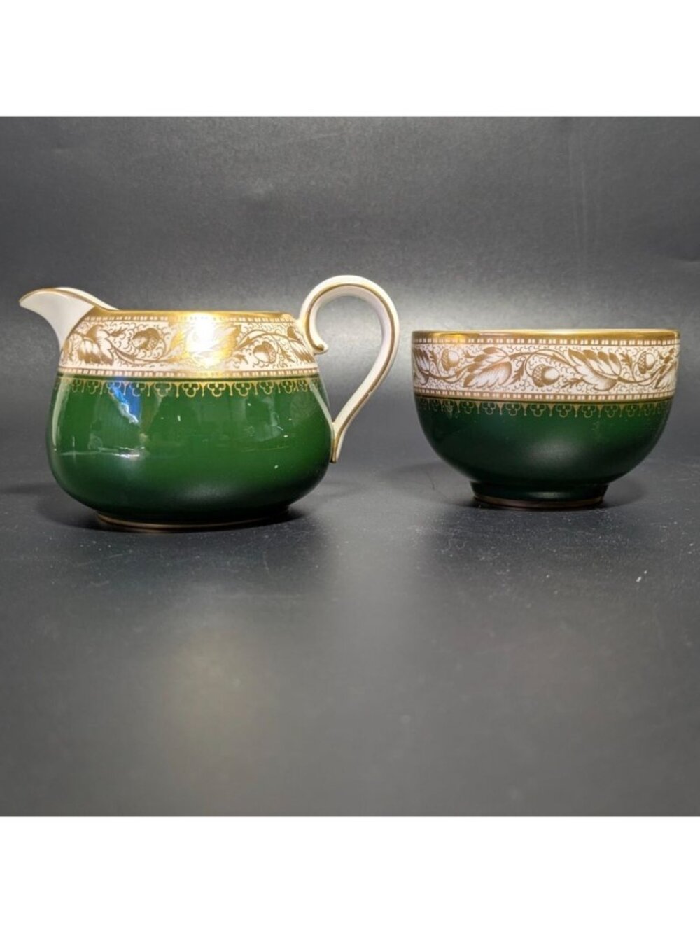 Spode Green Gold Creamer Sugar Bowl Set Fine Bone China Elegant Design